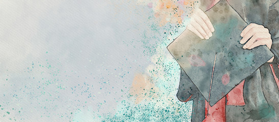 Graduate. Watercolor background. Education concept 