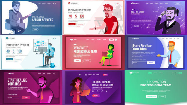 Main Web Page Set Design Vector. Website Business Graphic. Landing Template. Future Energy Project. Card Credit. Business Coworking. Increase Experience. Illustration