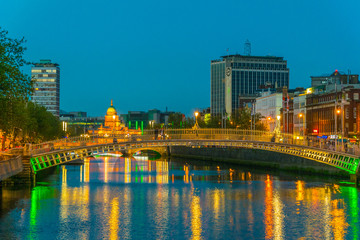 Sunset view of the Millenium bridge in Dublin, Ireland