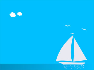 White sailboat on sea on blue background with copy space for your text.