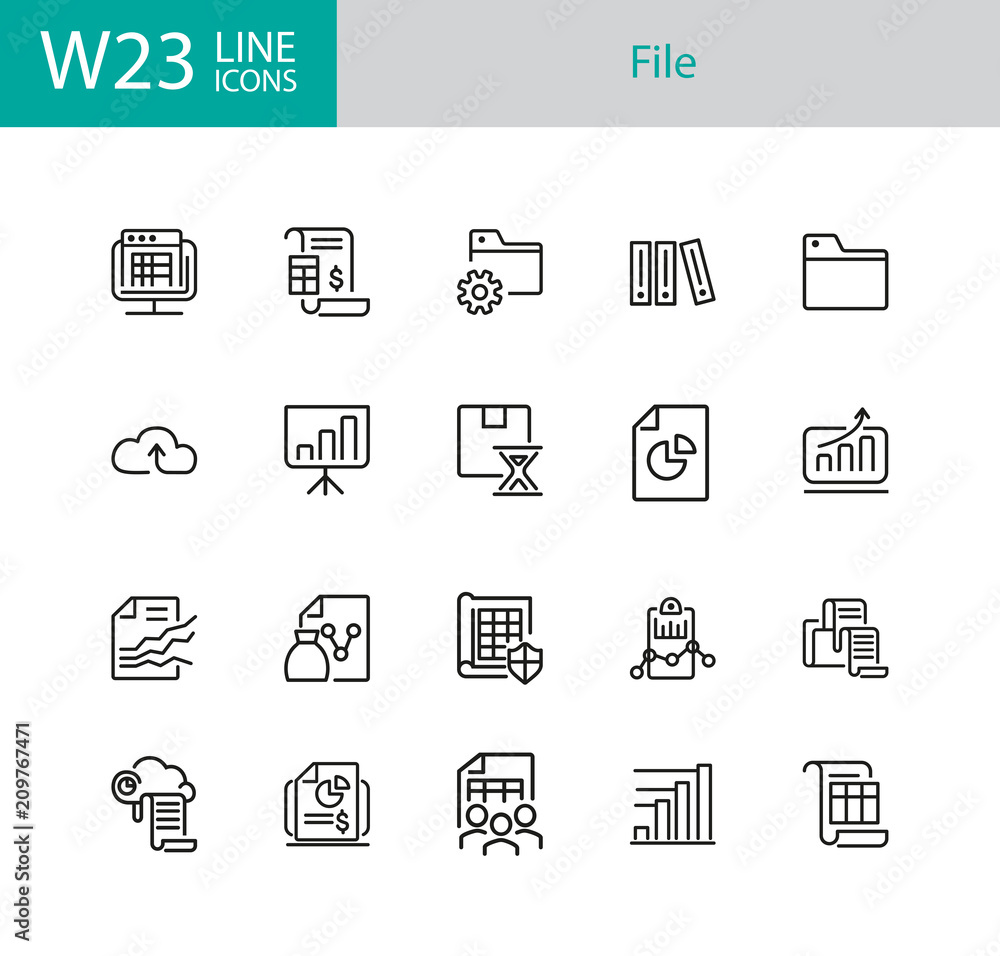 Poster file icons. set of twenty line icons. report, presentation, folder. file system concept. vector illu