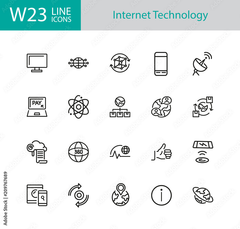 Poster internet technology icons. set of twenty line icons. cloud, social media, thumb up. internet technol