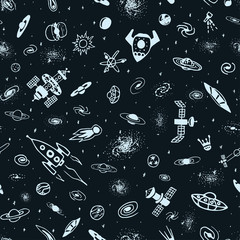 Vector seamless pattern of hand drawn doodle space object. Universe background