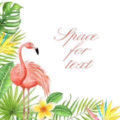 Naklejka premium rysunek akwarela dekoracyjne obramowanie roślin tropikalnych, liści, kwiatów i różowego flaminga