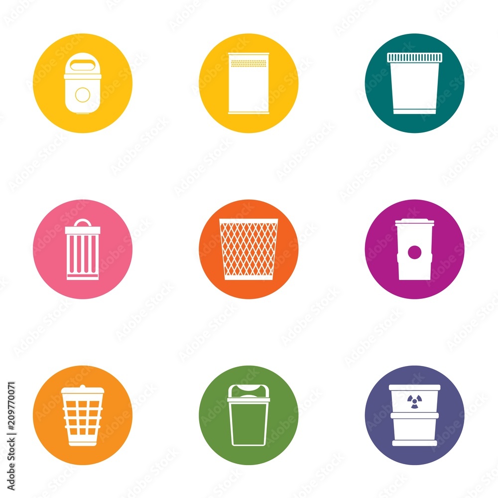 Poster waste material icons set. flat set of 9 waste material vector icons for web isolated on white backgr