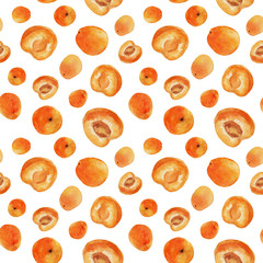 Seamless watercolor pattern with hand drawn juicy bright apricots.