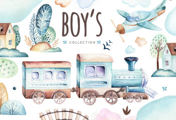 Baby boys world. Cartoon airplane and waggon locomotive watercolor illustration. Child birthday set of plane, and air vehicle, transport elements. isolated baby shower card