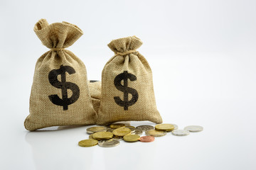 Money saving, investment and rich or wealth management concept : Dollar or cash in hemp bag or...