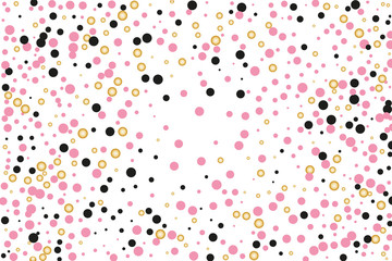 Background with Golden, black and pink glitter, confetti. Random Polka dots, circles, round. Bright festive, festival pattern