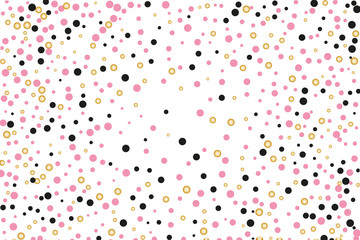 Background with Golden, black and pink glitter, confetti. Random Polka dots, circles, round. Bright festive, festival pattern