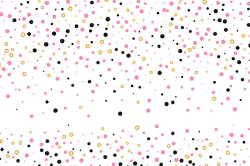 Background with Golden, black and pink glitter, confetti. Random Polka dots, circles, round. Bright festive, festival pattern