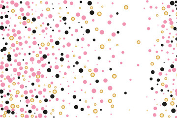 Background with Golden, black and pink glitter, confetti. Random Polka dots, circles, round. Bright festive, festival pattern