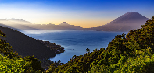 Guatemala. Panoramic view of Lake Atitlan (Lago de Atitlan). There are two volcanoes in the right: Atitlan after Toliman