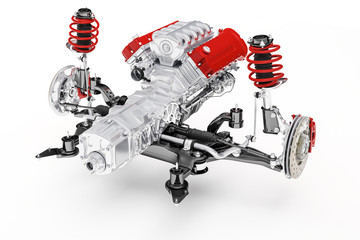 3d car chassis with motor and suspension, on white background