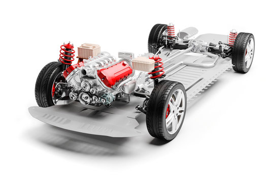 3d car chassis with motor, wheels and suspension, on white background