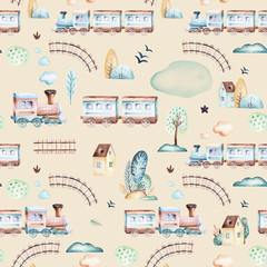 Baby boys world. Cartoon airplane, plane and waggon locomotive watercolor illustration pattern. Child toys birthday backgraund transport elements seamless patterns