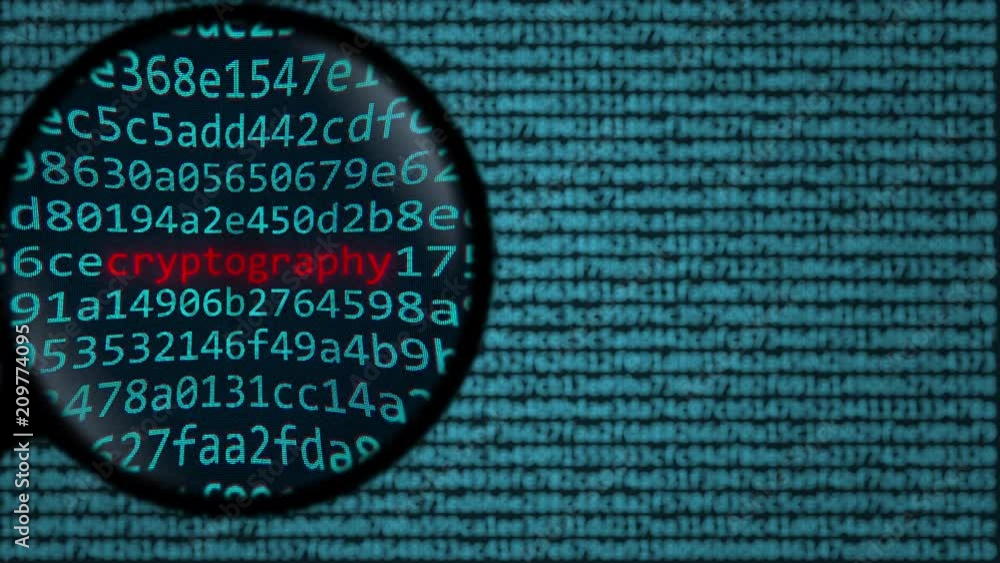 Poster loupe discovers word cryptography on computer screen. cryptocurrency related search conceptual anima