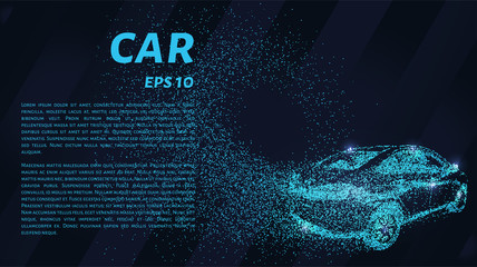 Car illustration transforming into small pieces. Particles fly off from the car in the form of turbulence