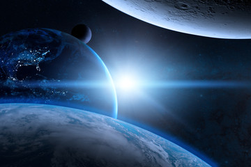 Earth in the outer space with beautiful planet. Blue sunrise. Elements of this image furnished by...