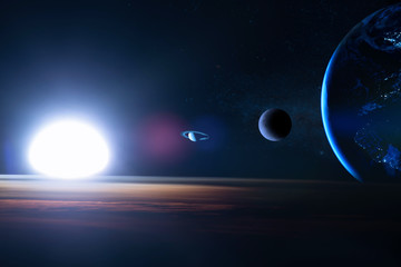 Earth in the outer space with beautiful planet. Blue sunrise. Elements of this image furnished by...