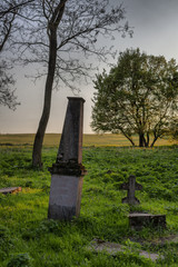 Some tombstones in an old abandoned and forgotten cemetery in Alsobikol, Hungary