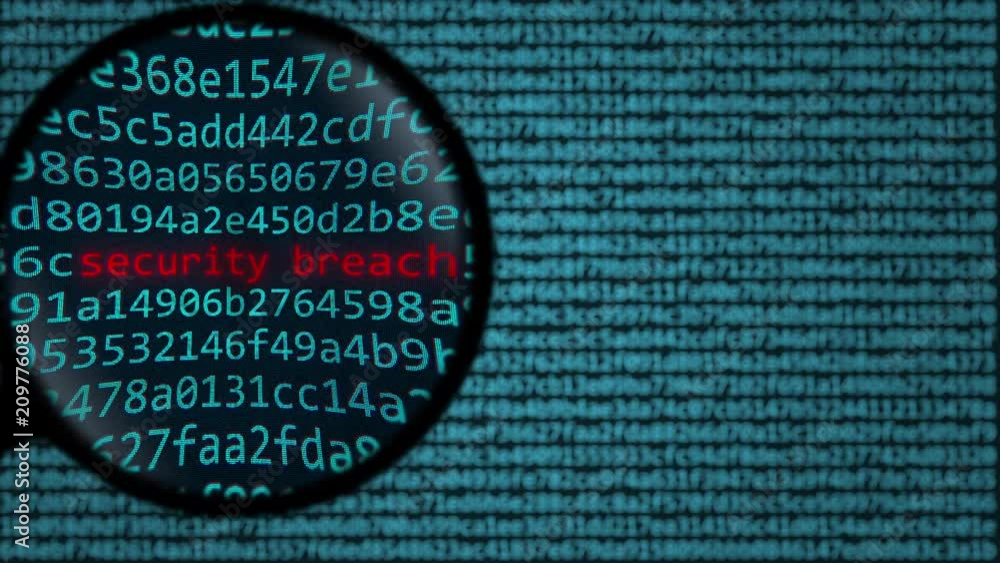 Poster magnifying glass discovers words secutity breach on computer screen. internet security related searc