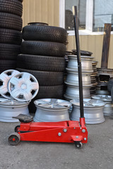 Tools for tire repair service in a car workshop