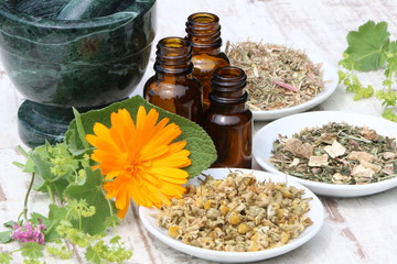 Herbal medicine, Getrocknete Kräuter für Gesundheitstees, Kamillenblüten, Weidenröschen und...