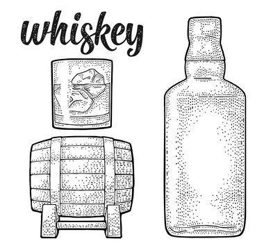Whiskey glass with ice cubes, barrel, bottle