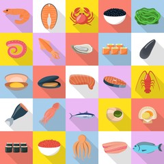 Seafood fresh fish food icons set. Flat illustration of 25 seafood fresh fish food vector icons for web