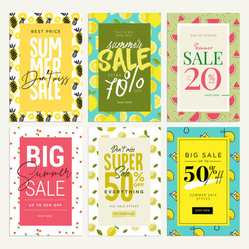 Set of mobile ads and posters. Summer sale banners. Vector illustrations concept for online shopping, e-commerce, internet advertising, social media ads and banners, marketing material.