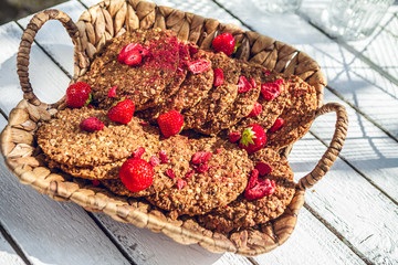 healthy homemade strawberries biscuits from oat flakes laid