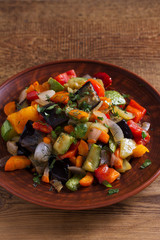 Vegetable stew: eggplant, pepper, tomato, zucchini, carrot and onion. Stewed vegetables