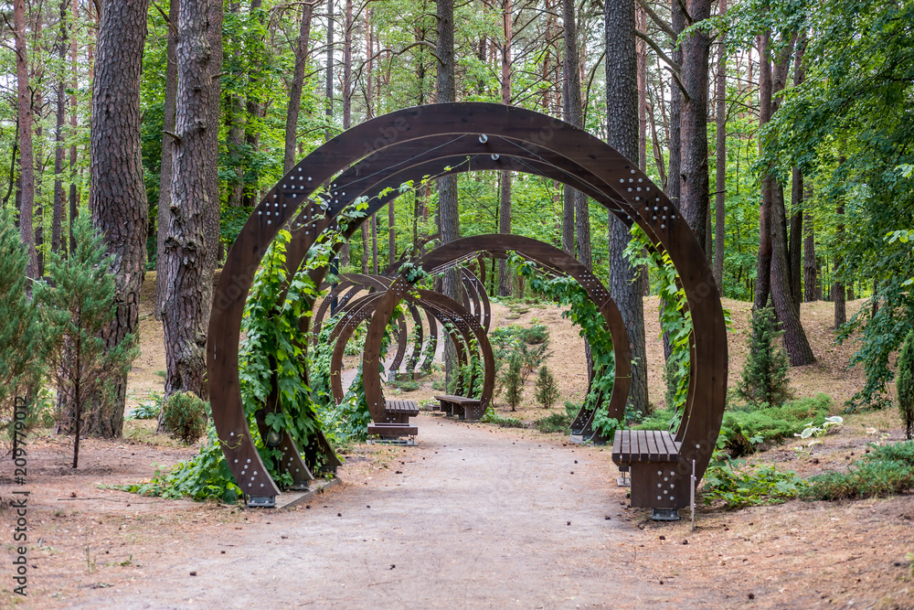 Wall mural wooden arches with benches in the city park of rest