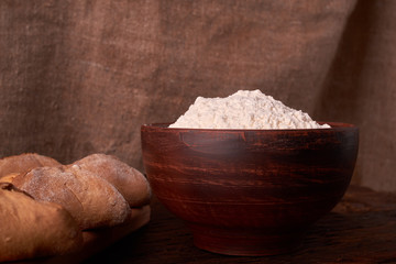 Close up Flour bread and whole grain , rolling pin and Cottage cheese cookies. Concept of homemade food