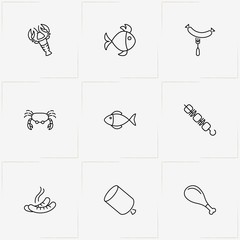 Meat And Seafood line icon set with chicken leg , lobster and barbecue