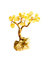 Golden bonsai tree, souvenir from beads. Isolated on white