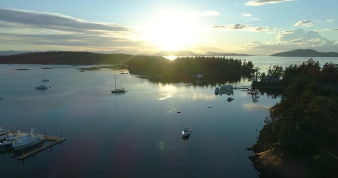 San Juan Island Sunset Aerial Birds Eye View of Roche Harbor Looking Toward Sidney Island and Victoria BC