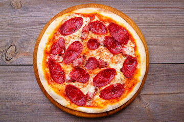 Pepperoni pizza, traditional recipe, mediterranean cuisine, junk fattening street food, italian restaurant, pizzeria menu concept