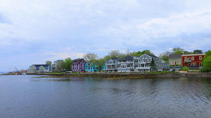 Scene of colorful buildings of Mahone Bay, Nova Scotia