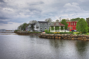 Fototapeta na wymiar Colorful buildings of Mahone Bay, Nova Scotia
