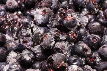 frozen blueberries covered with ice crystals, food background