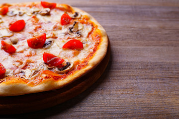 Pizza with cherry tomatoes and champignons. traditional recipe, mediterranean cuisine, junk fattening street food, italian restaurant, pizzeria menu concept