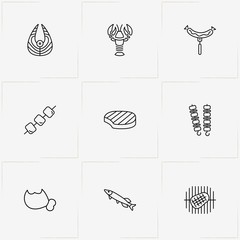 Meat And Seafood line icon set with lobster, beef and fish steak