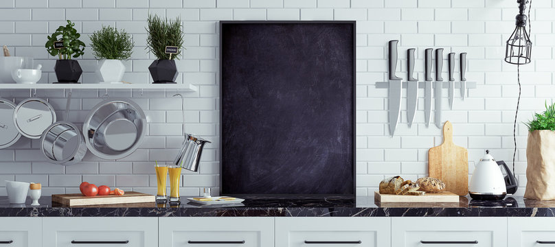 Mock up chalkboard in kitchen interior, Scandinavian style, panoramic background, 3d render