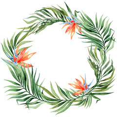 Watercolor wreath with tropical leaves and flowers, isolated on white background.