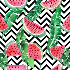 Fotobehang Watermeloen Aquarel naadloze patroon met tropische bladeren en watermeloen.