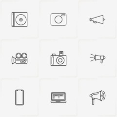 Media line icon set with video camera, photo camera and loudspeaker
