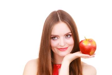 Woman charming girl colorful makeup holds apple fruit