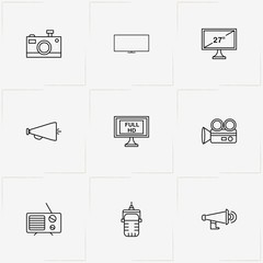 Media line icon set with photo camera, microphone and video camera